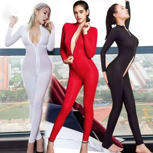 Sexy Bodysuits Women Lingerie Night Sex Wear Exotic Nightclub Club Dancewear Long Sleeve Rompers Zentai Suit Crotchless Jumpsuit