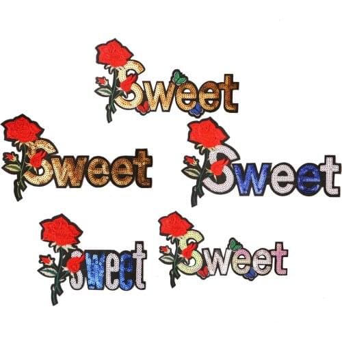Sweet with roses sequin icons Embroidered Iron on Patches for Clothing DIY Stripes Clothes Patchwork Stickers Custom Badges