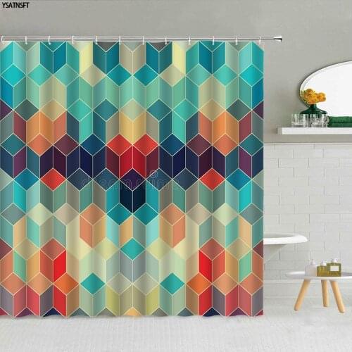 Modern 3D Colorful Geometric Cube Shower Curtain Creative Rhombus Stripe Pattern Fabric Bathroom Supplies Cloth Curtains Decor
