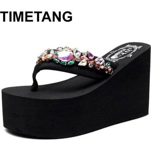 TIMETANG New Slippers Women Manuel Rhinestone Pearl Boho Wedge Shoes Summer Bohemian Style Women Open Toe Breathable Beach Sanda