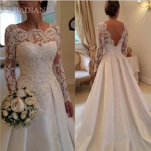 Vestido De Noiva Backless Mariage Vintage Wedding Dress 2020 Long Sleeve Court Train Satin Lace Wedding Dresses Custom made size