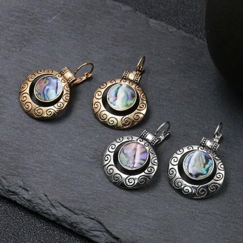 8Seasons Vintage Women Drop Earrings Bohemian Ethnic Metal Abalone Shell Geometric Round Girls Wedding Bridal Engagement Jewelry