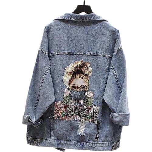 Women Denim Jacket 2021 New Fashion Letter Printed Holes Jean Coat Female Spring Autumn Loose Casual Plus Size Ladies Outerwear