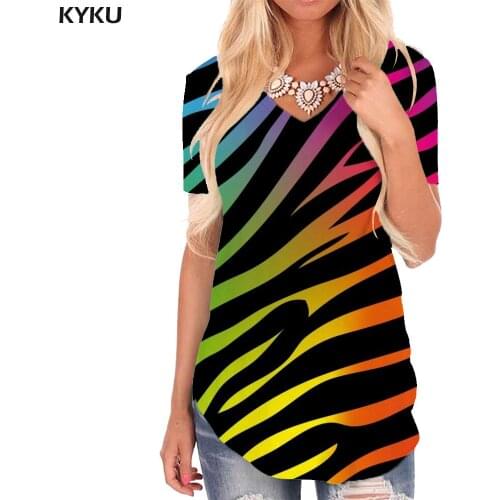 KYKU Stripe T-shirt women Zebra Shirt Print Gradient V-neck Tshirt Yellow Tshirts Printed Womens Clothing Summer Cool New