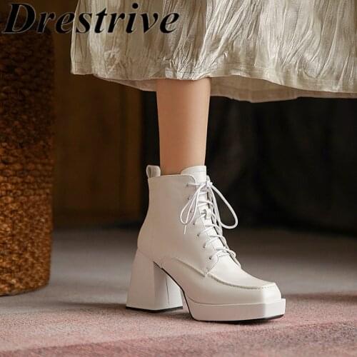 Drestrive Cow Leather Square Toe Lace Up Women Ankle Boots Thick High Heels Zipper 2021 Winter Shoes Cross Tied