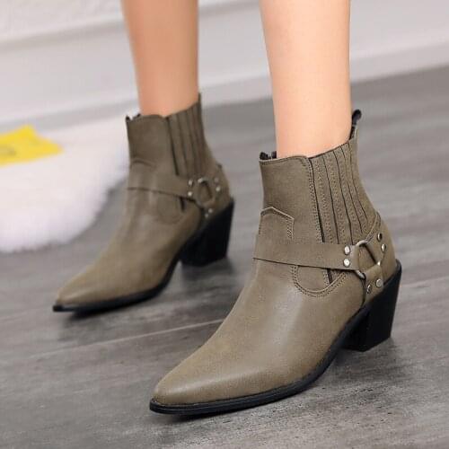 Gray Brown Yellow Faux Leather Cowboy Boots for Woman Pointed Toe Wedge Heel Bootise Woman 2021 Ladise Ankle Boots