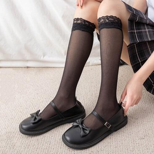 Women Thin Summer Lace Lolita Socks Knee High Stretch Hosiery Black White Pile Pile Socks Bow Socks Cosplay Costumes Accessories