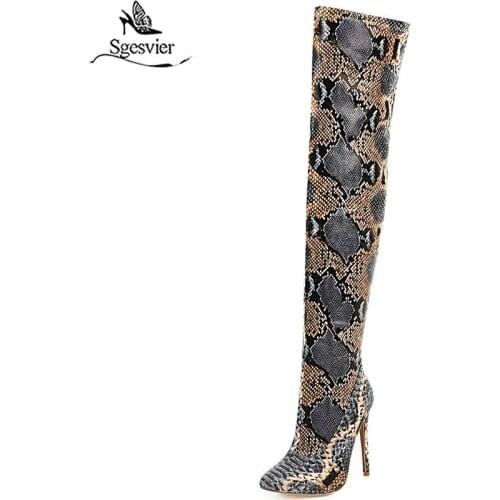 Sgesvier Fashion Snakeskin PU Leather Zipper Women Shoes Thin High Heel Sexy Pointed Toe Winter Over The Knee Boots Size 30-48