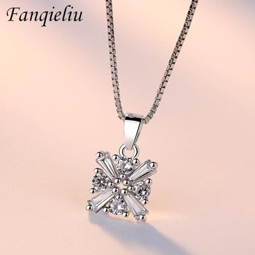 Fanqieliu Solid 925 Sterling Silver Chain Necklaces Women Square Crystal Jewelry Pendant Necklace For Girl FQL21138