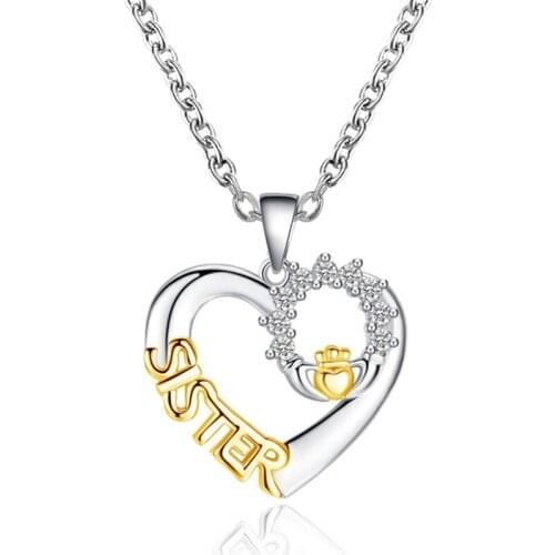 Simple Letter SISTER Golden White Bling Starry Clear Zircon Hollow Heart Shape Copper Fashion Pendant Necklace For Women