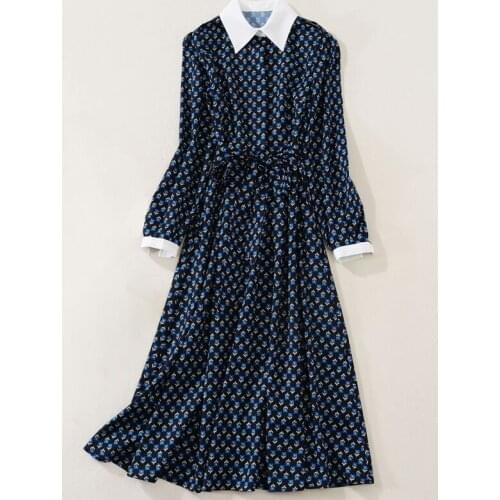 QUALITY New HIGH 2021 Fashion Designer Runway Dress Womens shirt collar Long Sleeve Sashes Vintage Floral Print Dress