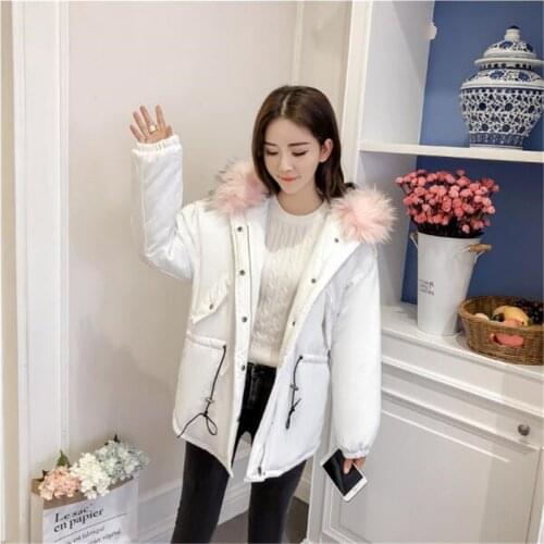 Winter new Korean version of the big fur collar hooded mid-length down cotton coat womens waist cotton coat