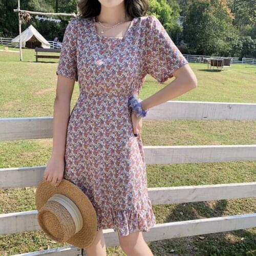 Vintage Floral Print Casual Women Dress Summer Square Collar Lace-up Ruffles Chiffon Midi Dresses Female Holiday Dress