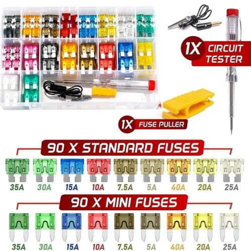 180PCS car fuse 5A 7.5A 10A 15A 20A 25A 30A 35A 40A amplifier with box clip combination car blade fuse set with electric pen set
