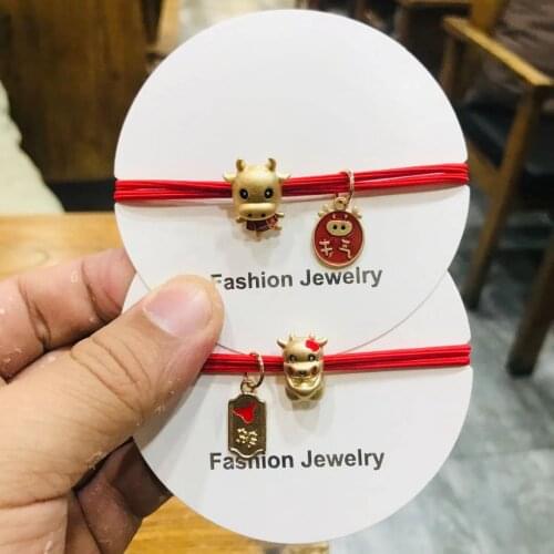 2021 New Arrive Hot Selling New Year Red Alloy Bulls Decor Hair Band Fashion Hair Rope Women Girls Hair Rings Headpiece Kids