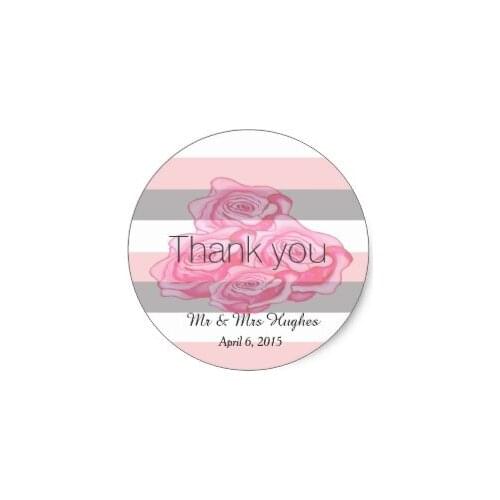 3.8cm Pink rose with pink and grey stripes wedding classic round sticker