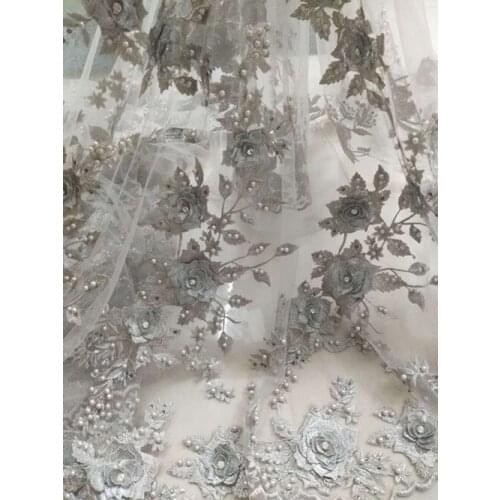 5yards super delicate 3D flowers silver gray beaded lace fabric, embroidered bead 3d floral lace fabric for haute couture