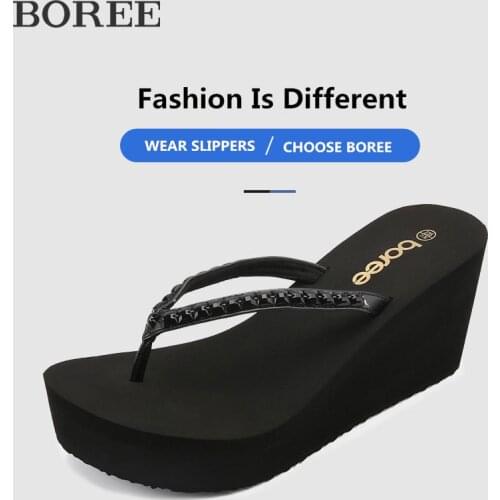 BOREE Women Summer Bling Crystal Slippers Flip Flops Platform Wedges Slipper Vacation Beach Outdoor Sandals femmes chaussures