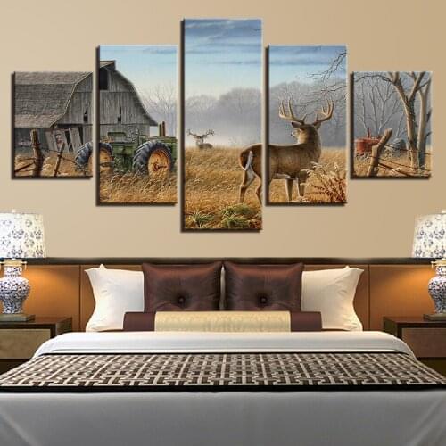 Farmhouse Elk Stand Mountains Canvas Art Nodic landscape Print Painting For Living Room Wall Decor 5 Pieces Decoration Picture