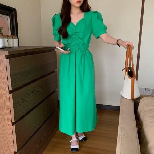 Elegant V-Neck Vintage Dresses Female Backless New 2021 Womens Autumn Office Dress Solid fashion Lady Casual Puff Sleeve Dress