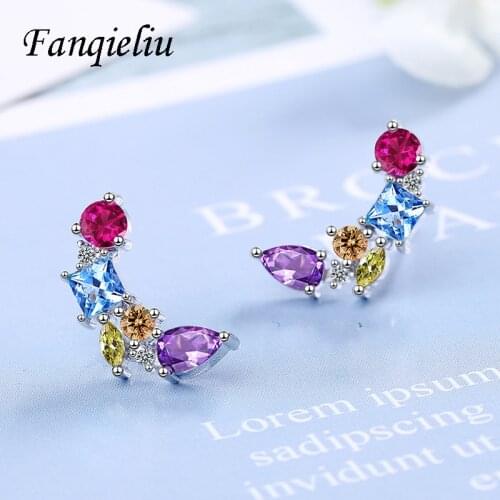 Fanqieliu Mixed Color Crystal Natural 925 Sterling Silver Earrings Studs For Women Vintage Moon Stud Earrings Girl FQL21002