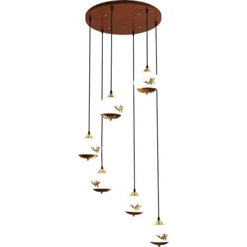 Chinese style all-copper solid wood chandelier walnut color Chinese style Zen villa duplex building spiral staircase light