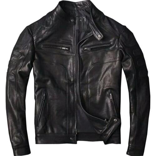 DHL Free Shipping Classic Men 100% Natural Goatskin Jackets Summer Spring Slim Fit Stand Collar Black Short Man Leather Coat