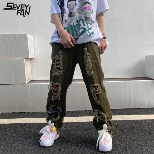 Mens Fashion Ripped Jeans Letter Embroidery Destroy Hole Wide Leg Baggy Streetwear Hip Hop Denim Pants Harajuku Jean Trousers