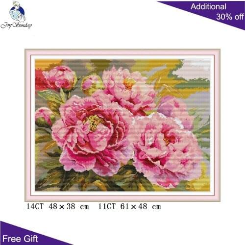 Joy Sunday Beautiful Pink Peony Cross Stitch H799 14CT 11CT Counted and Stamped Home Decor Flowers Embroidery Cross Stitch kits