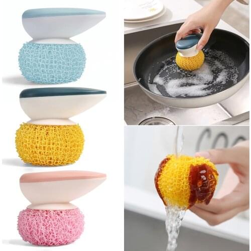 Nano Fiber Ball Brush with Handle Detachable Cleaning Brush Kitchen Pan Dish Pot Brush Cleaning Ball Household JA55