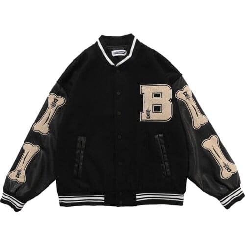 New hip hop streetwear baseball jacket coat letter B bone embroidery Stand-up collar japanese streetwear bomber college jacket
