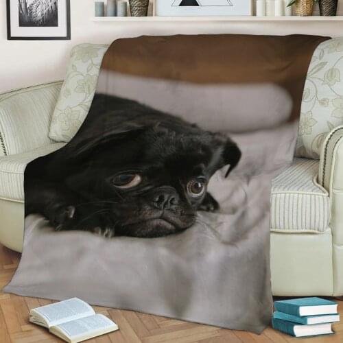Black adorable pug on bed Flannel Throw Blanket 3D Printed Keep Warm Sofa Child Blanket Home Decor Textiles Dream Family Gift