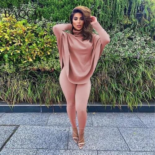 Autum Winter Solid Turtleneck Batwing Sleeve Warm Sweatsuit for Women Long Sleeve Pencil Pants Large Size Two Piece Casual Suit