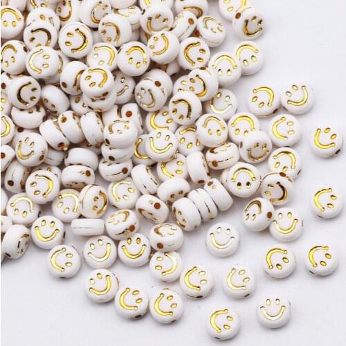 7mm Flat Round White And Gold Smiley Face Acrylic Beads Loose Spacer Beads For Jewelry Making DIY Handmade Bracelet Accessories