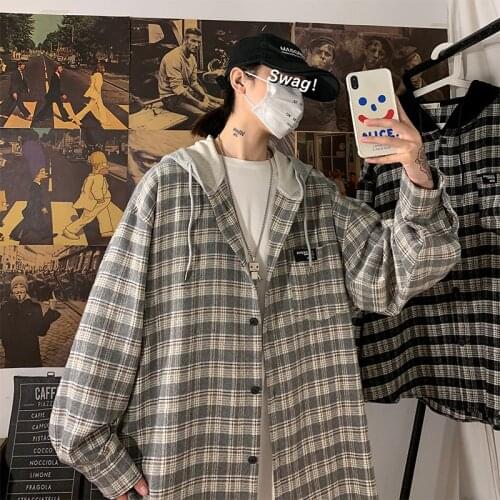 Version hooded stitched fake two plaid shirts boys casual long sleeve shirts ruffian handsome infrared cover winter jackets
