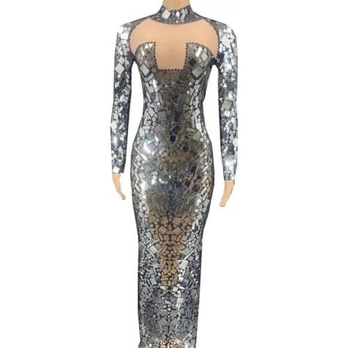 Party Decoration Black Mesh Silver Mirrors Stones Dress Birthday Rave Celebrate Wear Sparkly Prom Lady Singer Costume Long Dress