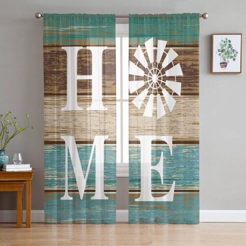 Farm Windmill Turquoise Wood Grain Home Sheer Curtains for Living Room Modern Voile Curtain Bedroom Tulle Curtains Window Drapes