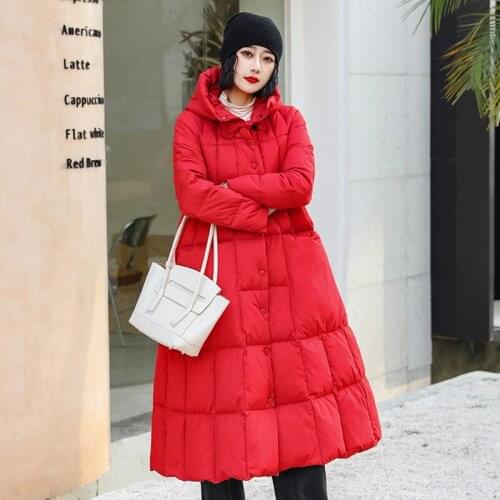 Female Winter Hooded Long Jackets Red Plus Size Puffer Womens Retro Button Design Thick Duck Down Jacket Cold Protection Coat