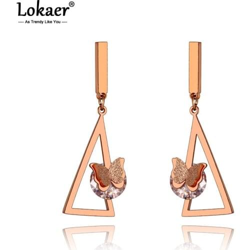 Lokaer Bohemia Stainless Steel CZ Crystal Butterfly Earrings Jewelry Fashion Triangle Geometric Earrings For Women Girls E20013