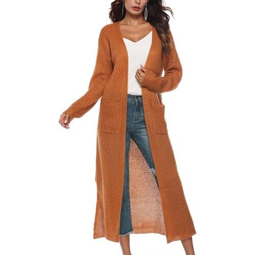 IMCUTE Y2K Long Loose Knit Sweater Womens Street Casual Solid Color Long Sleeve Pocket Cardigan Jacket Autumn Hollow Cardigan