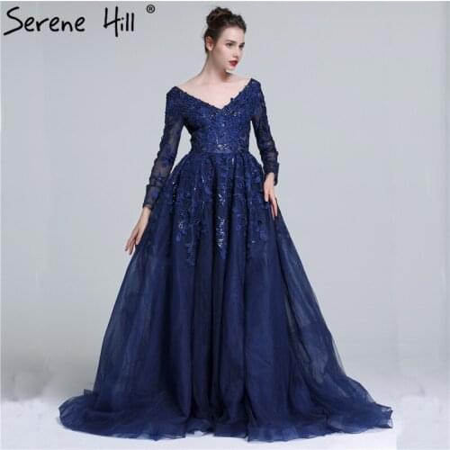 2020 Navy Blue Long Sleeve Tulle Fashion Evening Dresses Deep-V Appliques Sequined Sexy Evening Gowns LA6099