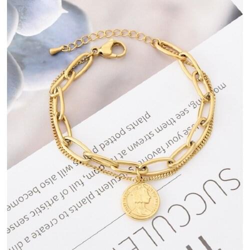 2021 Trendy Style Stainless Steel Queen Head Coins Link Chain Bracelets Portrait Coin Paper Clip Link Chain Bracelets For Women