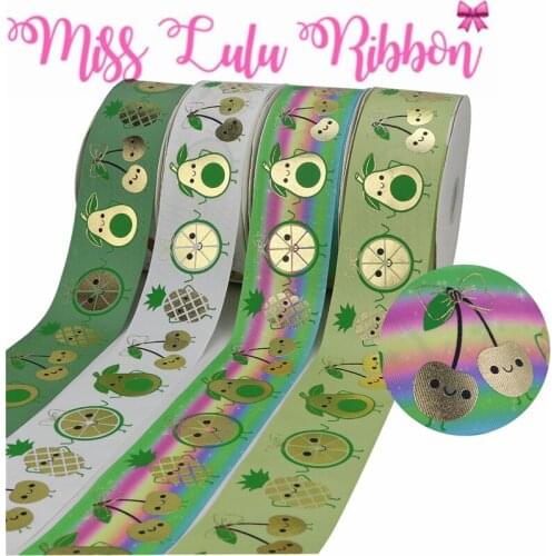 3"75mm Avocado Pineapple Cherry Hologram Gold Foil Green Black Ink Printed Grosgrain Ribbon DIY 50yards/Roll