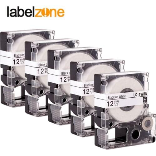 5pcs 12mm Black on white compatible Epson SS12KW/LC-4WBN label tapes strong adhesive laminated lc4wbn label ribbon for KingJim