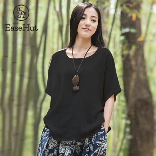 EaseHut Ethnic Women Blouse Cotton Low High Asymmetrical Hemline Splits Round Neck Loose Solid T-shirt Casual Women Top