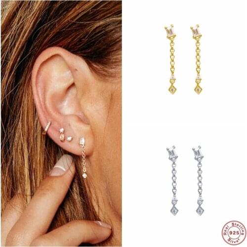 BOAKO 925 Sterling Silver Clear Zircon Pendant Drop Earrings For Women Small Chain Tassel Dangle Earrings Crystal Stud Jewelry