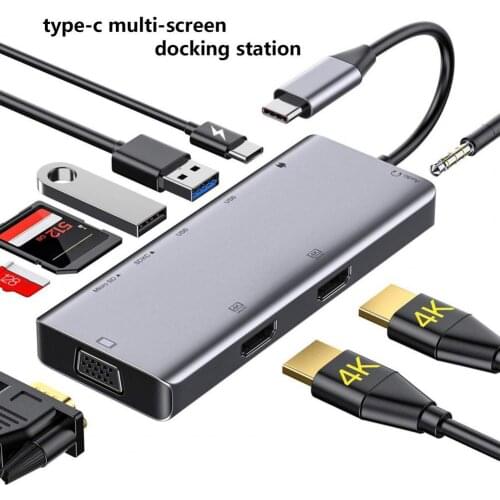 Docking Station 9-in-1 Triple Display Adapter 2 HDMI-compatible VGA PD3.0 Micro-SD/TF Card Reader 3.5mm Audio USB-C Hub for PC