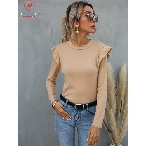 Elegant Solid Color T-Shirts for Women Ruffles Decor O-Neck Long Sleeve Spring Autumn Slim Pullovers Top