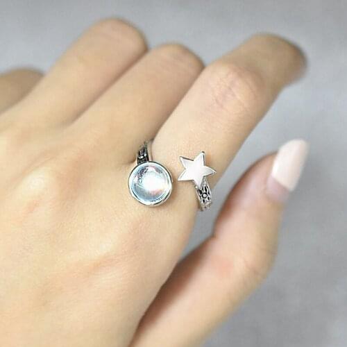 Exquisite Silver Color Moonstone Ring Pentagram Moon Ring Opening Ring Cocktail Party Jewelry Simple Ring Valentines Day Gift