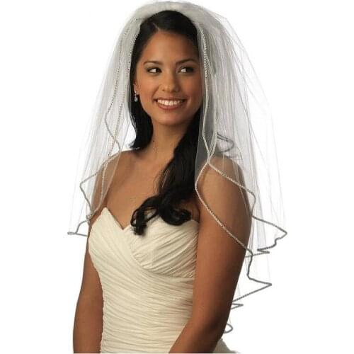 2T 2 Tier Rhinestone Wedding Veil Short Bridal Veils Swavorski Crystal Rhinestone Edge